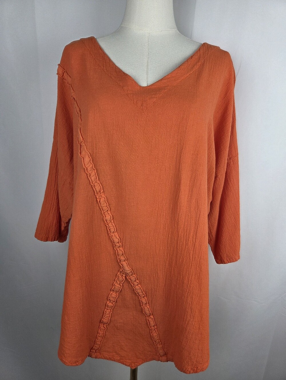 Oh My Gauze Tunic Top S/M Orange 100% Cotton VNeck Lagenlook Asymmetrical Boho